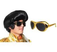 Ensemble d'accessoires King of Rock pour adultes - Lot de 1 perruque noire Quiff avec pattes et lunettes de soleil dorées - Ensemble d'accessoires de déguisement de musicien rock n roll des années