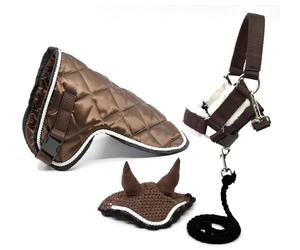Ensemble d'accessoires Marron Chocolat pour Hobby Horse et Cheval bâton : Licol moumoute avec Longe + Couverture + Bonnet Anti-Mouches