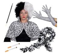 Ensemble d'accessoires méchant pour femme - XL - Perruque noire et blanche, cape imprimée dalmatien, boa à plumes rouges, gants à pois, porte-cigarette et fausses cigarettes - Déguisement de