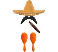 Ensemble d'accessoires mexicains pour adultes - Sombrero mexicain, maracas orange, faux cigare, moustache - Cinco de Mayo Sensorita Bandit Mariachi