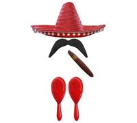 Ensemble d'Accessoires Mexicains - Sombrero avec Pompons Rouges, Maracas et Moustache - Idéal pour Costumes de Senorita, Bandit, Mariachi (2 Maracas Rouges Incluses)