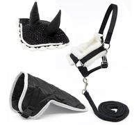 Ensemble d'accessoires Noir et Blanc pour Hobby Horse et Cheval bâton : Licol moumoute Noir avec Longe + Couverture Noire + Bonnet Anti-Mouches Noir