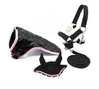 Ensemble d'accessoires Noirs ET Rose pour Hobby Horse et Cheval bâton : Licol moumoute avec Longe + Couverture + Bonnet Anti-Mouches