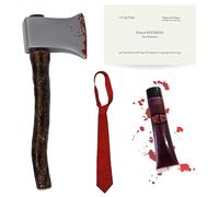 Ensemble d'accessoires Patrick Batman - Hache sanglante, cravate rouge, carte de visite et faux sang - Déguisement pour adulte PSYCHO américain et personnage de film