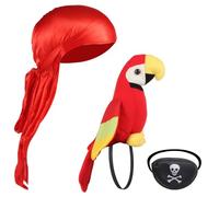 Ensemble d'accessoires pirate perroquet - Perroquet en peluche, bandana, cache-œil et chiffon de nettoyage - Costume de pirate 3 pièces pour enfants et adultes, Halloween, cosplay et déguisement