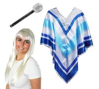 Ensemble d'accessoires Pop Star des années 70 pour adultes - Poncho rayé bleu et argenté, perruque blond platine, microphone en plastique - Icône de musique des années 70 pour femme