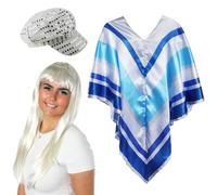 Ensemble d'accessoires Pop Star des années 70 pour adultes - Poncho rayé bleu et argenté, perruque blond platine, chapeau à paillettes argentées - Ensemble d'accessoires de déguisement pour femme