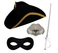 Ensemble d'accessoires pour adultes Highwayman rongeurs - Chapeau tricorne noir avec bordure dorée, nez de rat, épée en aluminium, masque pour les yeux - Accessoires de déguisement d'Halloween pour