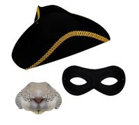 Ensemble d'accessoires pour adultes Highwayman rongeurs - Chapeau tricorne noir avec bordure dorée, nez de rat, masque noir pour les yeux - Accessoires de déguisement d'Halloween pour homme et femme