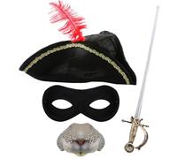 Ensemble d'accessoires pour adultes Highwayman rongeurs - Chapeau tricorne noir avec plume rouge, nez de rat, épée en aluminium, masque pour les yeux noir - Accessoires de déguisement d'Halloween pour