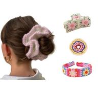 Ensemble d'accessoires pour cheveux au crochet fait main : chouchous, serre-tête et pince à cheveux 4 pièces