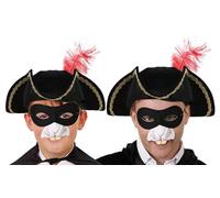 Ensemble d'accessoires pour rongeurs - Chapeau tricorne noir avec plume rouge, masque pour les yeux noir, nez de rat - Déguisement pour garçons et filles