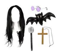 Ensemble d'accessoires Prince of Darkness pour adultes - Comprend une longue perruque noire, une chauve-souris ballon en aluminium, des lunettes rondes hippies, un collier croix et un microphone