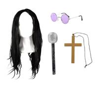 Ensemble d'accessoires Prince of Darkness pour adultes - Comprend une perruque longue noire, des lunettes rondes hippies, un collier croix et un microphone argenté pour les fêtes costumées