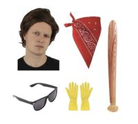 Ensemble d'accessoires Stranger Steve des années 80 pour adultes - Perruque marron, bandana cachemire rouge, lunettes de soleil noires, gants jaunes et chauve-souris gonflable - Halloween et fêtes