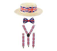 Ensemble d'accessoires Union Jack - Lot de 1 - Bretelles Union Jack, nœud papillon et chapeau de bateau - Costume de couronnement du roi pour adultes