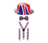 Ensemble d'accessoires Union Jack - Lot de 1 - Bretelles Union Jack, nœud papillon et chapeau melon Union Jack - Costume de couronnement pour adultes