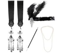 Ensemble d'accessoires vintage des années 1920 pour femme comprenant une coiffe à rabat, un collier de perles, des gants en satin, des boucles d'oreilles et un porte-cigarette