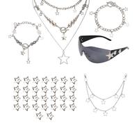Ensemble d'Accessoires Y2k, Bijoux Vintage Rockstar pour Femmes Collier 3 Étoiles et 2 Bracelets en Argent, des Lunettes de Soleil, une Chaîne de Pantalon Hip-Hop, une Épingle à Cheveux Étoile