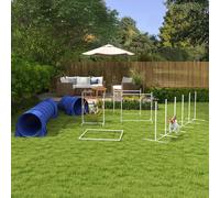 Ensemble d'Agilité pour Chiens PawHut, 7 Pièces : 1 Cerceau, 2 Tunnels, 2 Haies, 321 cm x 63 cm x 93 cm, Bleu + Rouge+ Blanc