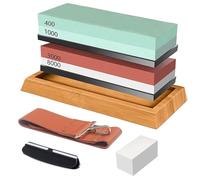 Ensemble d'Aiguisage Professionnel 8 en 1 pour Couteaux avec Pierres à Grains 400/1000/3000/8000, Incluant Socle en Bambou Antidérapant, Pierre de Nivellement, Guide d'Angle et Lanière en Cuirc