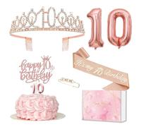 Ensemble d'anniversaire de 10 ans pour fille - Couronne et bande, décoration de gâteau et de bougies, ballon or rose 10 - cadeau de fête