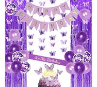 Ensemble d'anniversaire papillon violet avec bannière « Happy Birthday », décoration de gâteau, écharpe et fournitures de fête
