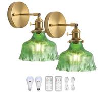 Ensemble d'appliques murales vintage rechargeables avec télécommande - Lampes de chevet à intensité variable en laiton et verre cristal, bras pivotant, USB sans fil, éclairage d'intérieur élégant vert