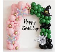 Ensemble d'arche de ballons vert foncé et rose pour fête sur le thème méchant, 160 pièces vert foncé, rose layette, noir, or, bobo transparent, chapeau de sorcière, couronne et étoile explosive pour