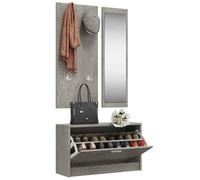 Ensemble d'armoire à chaussures 3 en 1 Bois d'ingénierie Gris béton | Avec miroir et porte-manteau, 4 crochets, 1 grand compartiment, montage mural, mode d'emploi inclus