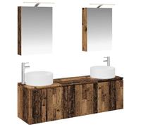 Ensemble d'armoire de salle de bain 5 pc en bois ancien avec miroirs LED | Bois d'ingénierie, montage mural, 2 éviers, 3 cabinets, 2 miroirs LED, intérieur, 5 V courant continu