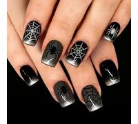 Ensemble d'art d'Halloween foncé - Conseils de manucure à presser avec motif Web, faux pointes carrées courtes noires et grises et extrémités françaises à paillettes pour fête - Faux motif Web foncé