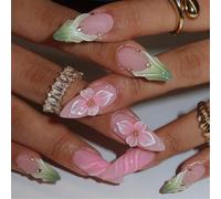 Ensemble D'art Élégant Ongles Avec Design Floral Français Presse D'amande Sur Des Ongles En Acrylique Fausse Manucure Pour Les Femmes 24pcs Nail Art