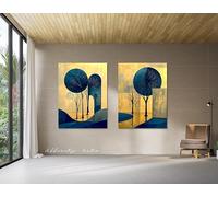 Ensemble d'art mural moderne avec arbre - Affiche sur toile abstraite avec paysage bleu et or - Peinture imprimée minimaliste pour décoration de salon 60 x 80 cm x 2 sans cadre