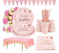 Ensemble d'assiettes roses pour fête d'anniversaire,Couverts pour fête d'anniversaire,Avec assiette, serviettes, gobelet, pailles, nappes pour fête prénatale, fête d'anniversaire (anniversaire rose)