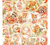 Ensemble d'autocollants en vinyle imperméables avec bordure en dentelle victorienne esthétique, animaux de la forêt, couleurs mélangées, fraises aquarelle, fleurs, lapin, ours, renard, autocollants dé