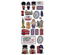 Ensemble d'autocollants personnages d'icônes de Londres - Reine Elizabeth II, chien Corgi, Bobby britannique, Beefeater, Garde royale, Union Jack, Big Ben, Buckingham, Gherkin, Tower Bridge, oeil, Bus