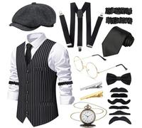 Ensemble de 10 costumes pour homme des années 1920 pour adulte, costume de gangster rétro années 20 rugissant avec gilet, chapeau octogonal, nœud papillon, poignets, lunettes, barbe, pince à cravate