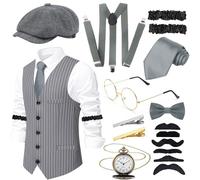 Ensemble de 10 pièces pour adulte/homme - Style rétro années 1920 - Gatsby Gangster - Avec gilet, casquette octogonale - Nœud papillon - Boutons de manchette - Lunettes - Moustache - Pince à cravate