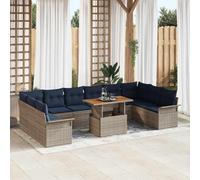 Ensemble de 11 pièces de canapé de jardin en polyrotin gris avec boîte de rangement, canapé de jardin modulaire avec coussins en mousse, ensemble de loisirs rectangulaire avec garniture tressée pour