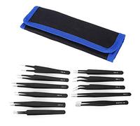 Ensemble de 11 pinces à épiler de précision, pinces ESD antistatiques en acier inoxydable avec embouts droits et coudés, sac de rangement en toile pour la réparation électronique