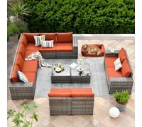 Ensemble de 12 canapés sectionnels d'extérieur avec canapé en rotin en osier, coussins confortables et table basse assortie, mobilier de conversation modulaire pour salon de jardin, terrasse arrière
