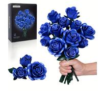 Ensemble de 12 modèles de roses bleues, modèle de bouquet de roses réalistes, ensemble de blocs de construction de roses noires, fleurs artificielles de taille adulte, tiges de fleurs réglables, un
