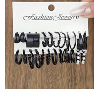 Ensemble De 12 Paires De Boucles D'oreilles Noires De Nouveau Style À Travers Les Frontières, Y Compris Des Boucles D'oreilles Incrustées De Fausses Perles Et Des Boucles D'oreilles Cercle Fer