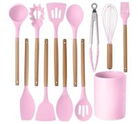 Ensemble de 12 ustensiles de cuisine en silicone avec manche en bois, résistant à la chaleur, antiadhésif, pinces(Pink)