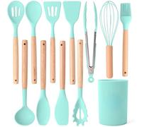 Ensemble de 12 ustensiles de cuisine en silicone avec poignées en bois - Outils de cuisson résistants à la chaleur, antiadhésifs, avec support, lavables au lave-vaisselle (B)