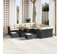 Ensemble de 13 canapés de jardin modernes en polyrotin, composition modulaire avec cadre en acier noir, idéal pour terrasse et jardin.