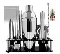 Ensemble de 14 pièces pour cocktail avec support noir, ensemble d'outils de bar pour mélanger les boissons, accessoires de bar : shaker de 750 ml, doseur, pilon, recettes de cocktail (argent)