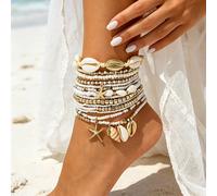Ensemble de 15 pièces de bracelets de cheville de style bohème à plusieurs couches avec coquillages et étoiles de mer, chaînes de cheville élastiques faites à la main avec perles de graines de couleur