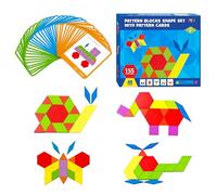 Ensemble de 155 pièces de blocs de motifs en bois, 24 cartes de conception recto-verso (48 motifs), puzzle de formes géométriques amusant, jouets d'apprentissage Montessori Tangram pour enfants